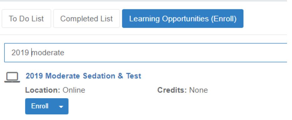 Click Enroll after searching in the Learning Opportunities tab for 2019 moderate
